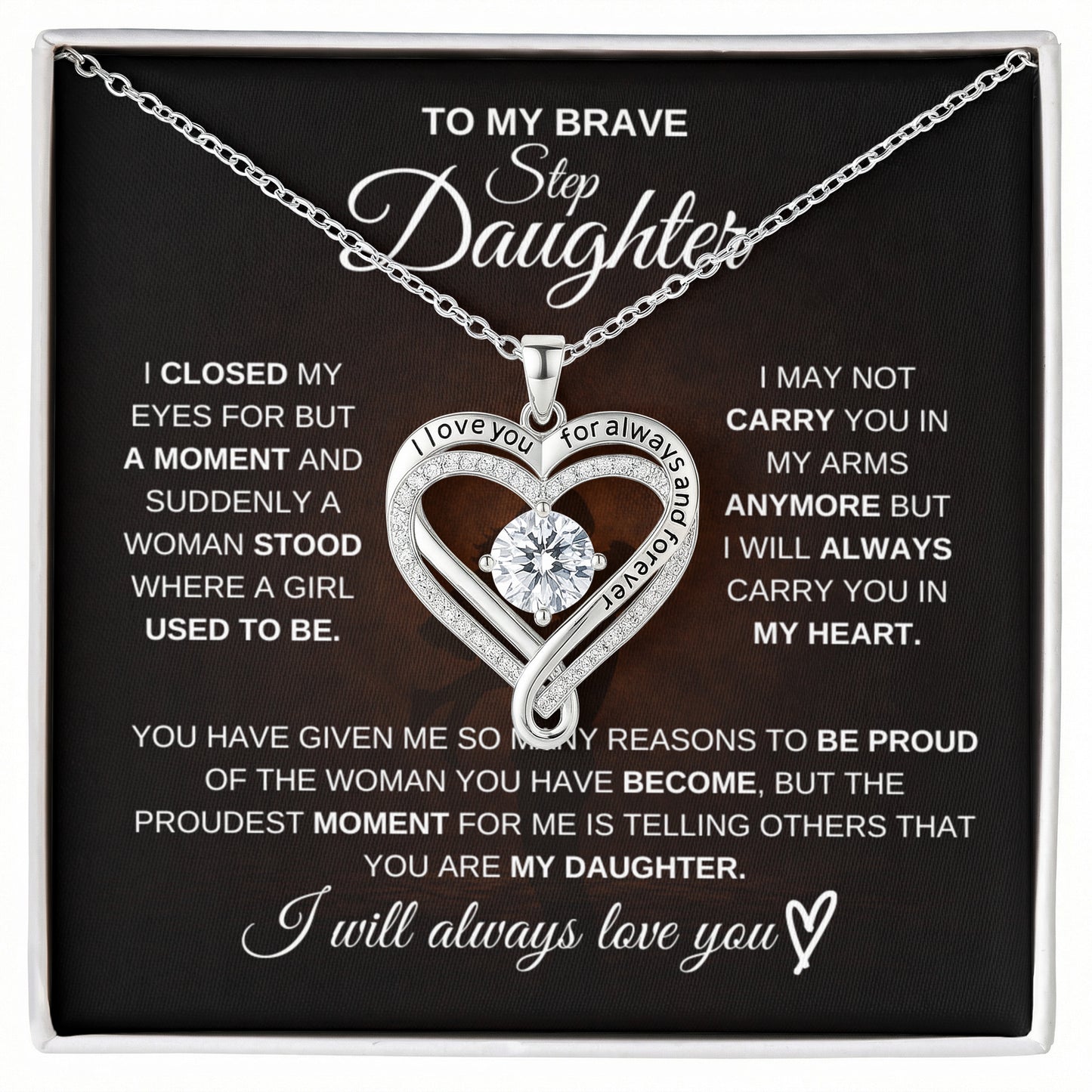 Gift for Step Daughter from Dad – Brave Love You Always Necklace – Message Card Jewelry