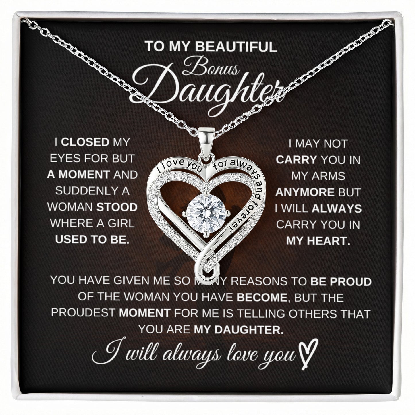Gift for Bonus Daughter from Dad – Beautiful Love You Always Necklace – Message Card Jewelry