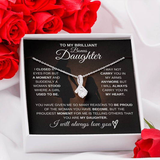 Gift for Bonus Daughter from Mom – Brilliant Alluring Beauty Necklace – Message Card Jewelry