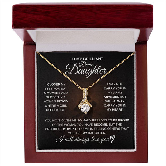 Gift for Bonus Daughter from Dad – Brilliant Alluring Beauty Necklace – Message Card Jewelry