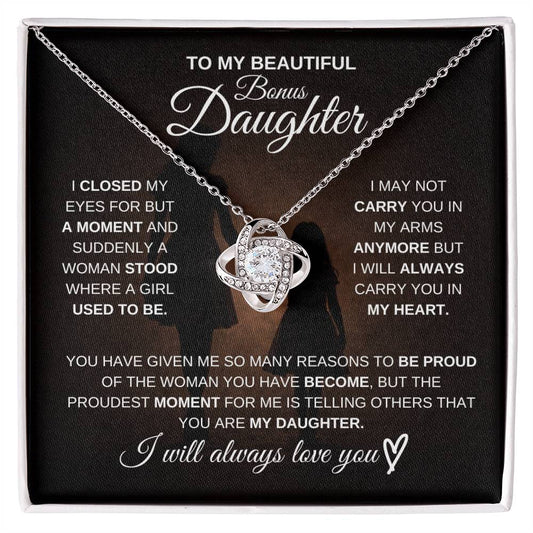 Gift for Bonus Daughter from Mom – Beautiful Love Knot Necklace – Message Card Jewelry