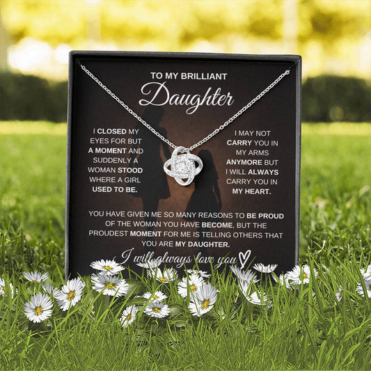 Gift for Daughter from Mom – Brilliant Love Knot Necklace – Message Card Jewelry