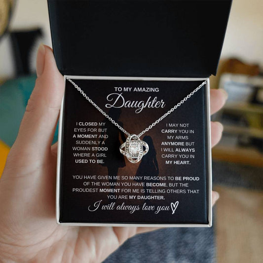 Gift for Daughter from Mom – Amazing Love Knot Necklace – Message Card Jewelry