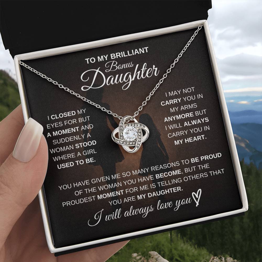 Gift for Bonus Daughter from Mom – Brilliant Love Knot Necklace – Message Card Jewelry