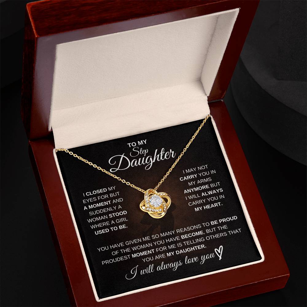 Gift for Step Daughter from Dad – Love Knot Necklace – Message Card Jewelry