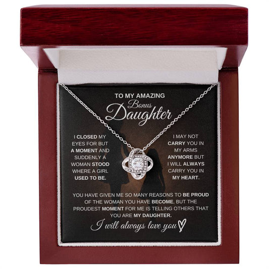 Gift for Bonus Daughter from Mom – Amazing Love Knot Necklace – Message Card Jewelry