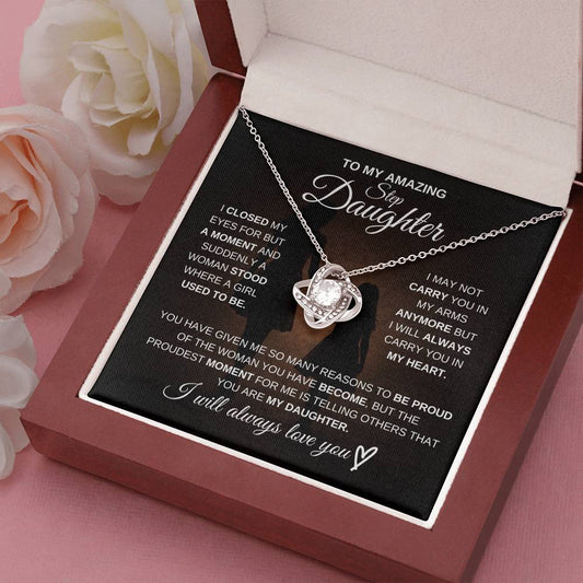 Gift for Step Daughter from Mom – Amazing Love Knot Necklace – Message Card Jewelry