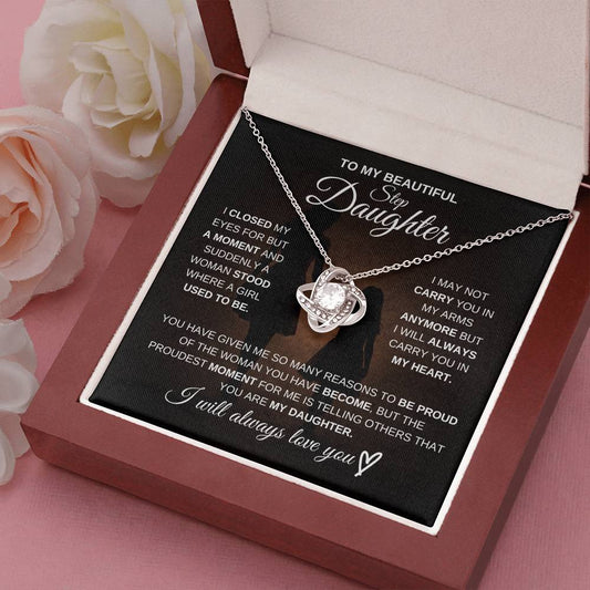 Gift for Step Daughter from Mom – Beautiful Love Knot Necklace – Message Card Jewelry