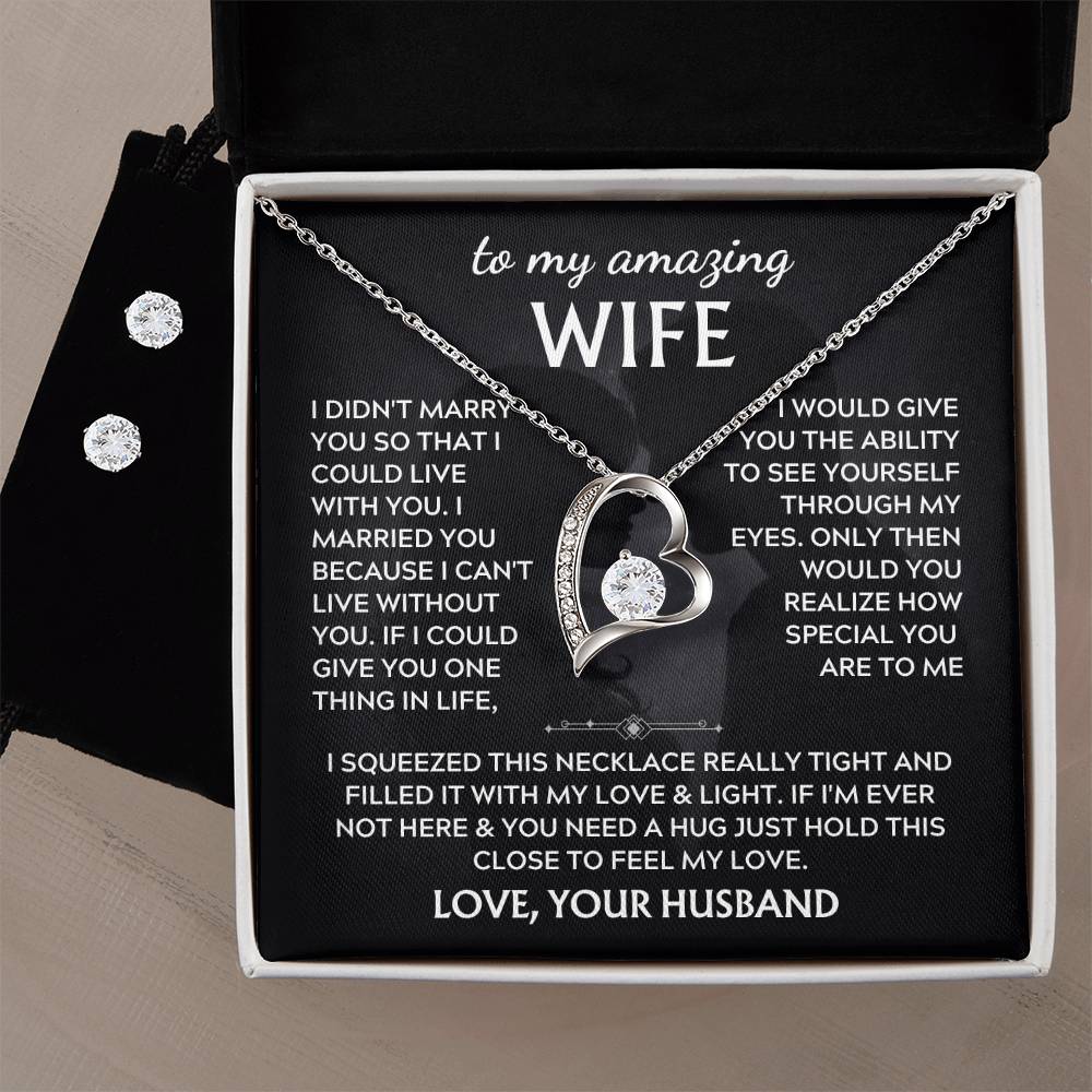 Gift for Amazing Wife from Husband – To My Amazing Wife Love Your Husband – Forever Love Necklace & Stud Earrings Set – Romantic Jewelry Gift
