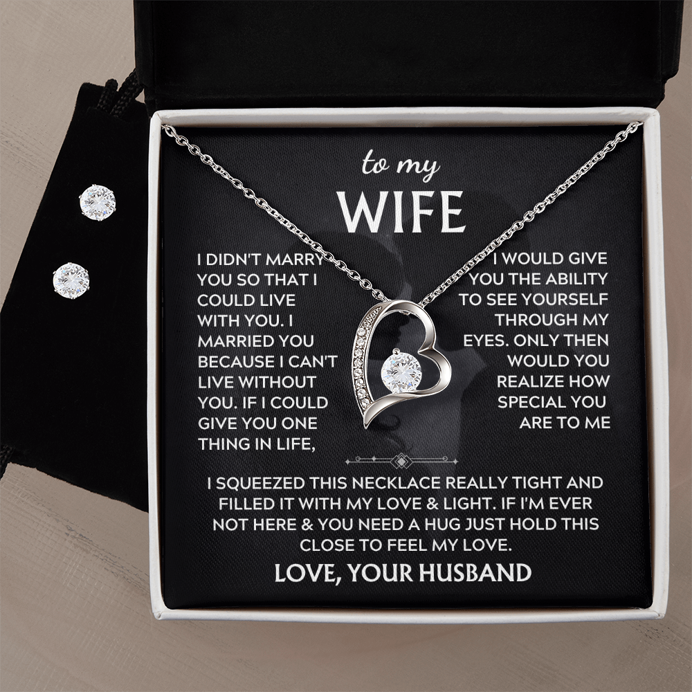 Gift for Wife from Husband – To My Wife Love Your Husband – Forever Love Necklace & Stud Earrings Set – Romantic Jewelry Gift for Wife