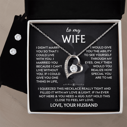 Gift for Wife from Husband – To My Wife Love Your Husband – Forever Love Necklace & Stud Earrings Set – Romantic Jewelry Gift for Wife