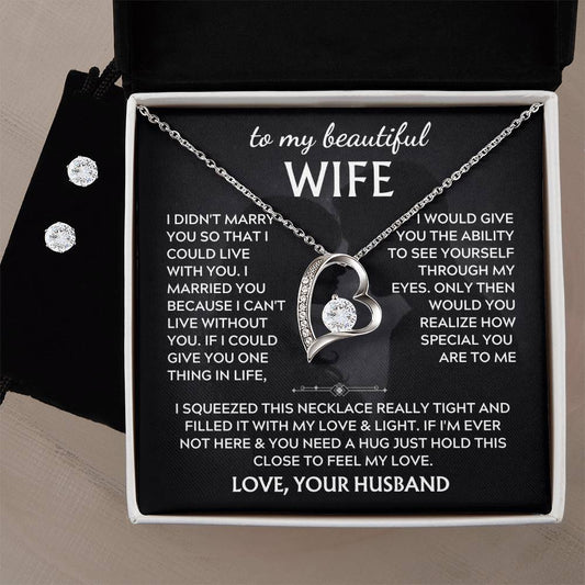 Gift for Beautiful Wife from Husband – To My Beautiful Wife Love Your Husband – Forever Love Necklace & Stud Earrings Set – Romantic Jewelry Gift