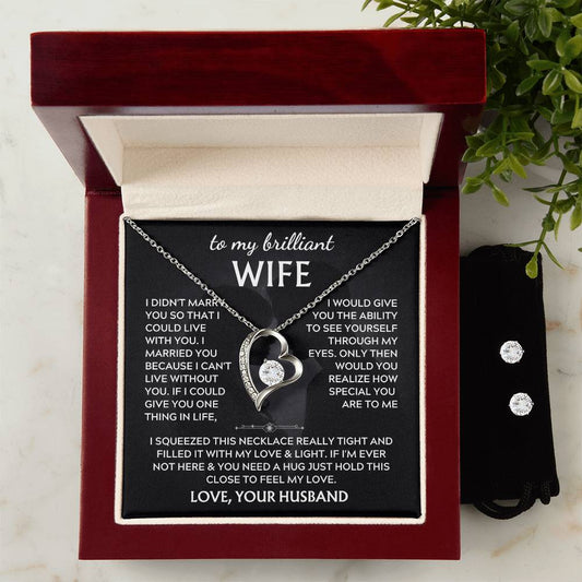 Gift for Brilliant Wife from Husband – To My Brilliant Wife Love Your Husband – Forever Love Necklace & Stud Earrings Set – Romantic Jewelry Gift