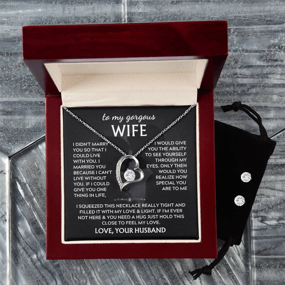 Gift for Gorgeous Wife from Husband – To My Gorgeous Wife Love Your Husband – Forever Love Necklace & Stud Earrings Set – Romantic Jewelry Gift