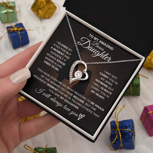 Gift for Bonus Daughter from Mom – Amazing Forever Love Necklace – Message Card Jewelry