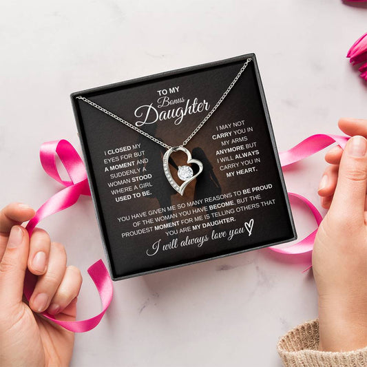 Gift for Bonus Daughter from Mom – Forever Love Necklace – Message Card Jewelry